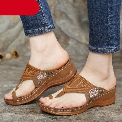 Stevvex women's sandals tan brown cross-band floral-embroidered open-toe wedge, pair on Tampa Home & Garden Store