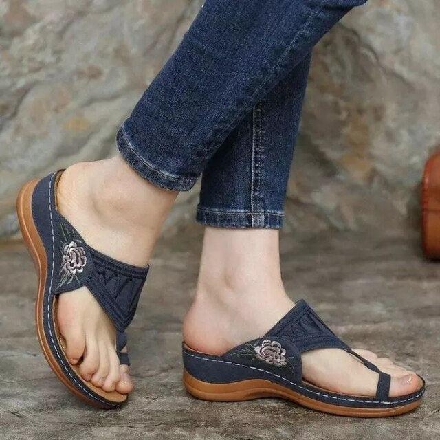 Stevvex navy blue cross-band sandals with flower embroidery open toe on Tampa Home & Garden Store