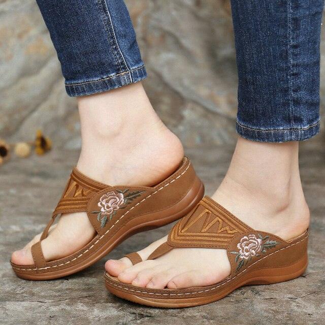 Stevvex retro summer sandals open-toe brown cross-band with floral embroidery on wedge sole on Tampa Home & Garden Store
