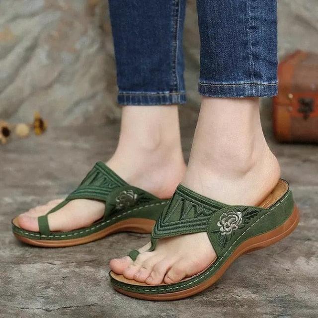 Stevvex green cross-band women's sandals with floral embroidery, open toe and wedge sole on Tampa Home & Garden Store
