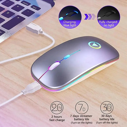 Stevvex retro wireless RGB rechargeable mouse with LED backlit silver metal shell on Tampa Home & Garden Store