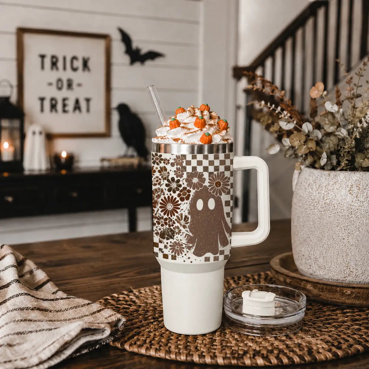 Retro Ghost and Skull 40oz Tumbler with Florals