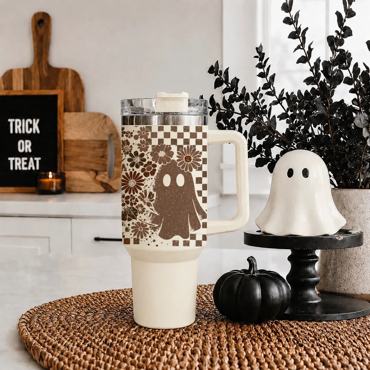 Retro Ghost and Skull 40oz Tumbler with Florals