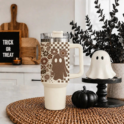 Retro Ghost and Skull 40oz Tumbler with Florals