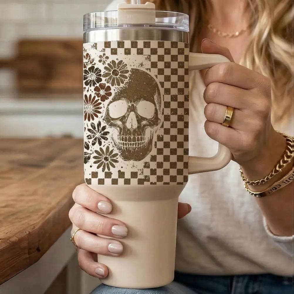 Retro Ghost and Skull 40oz Tumbler with Florals