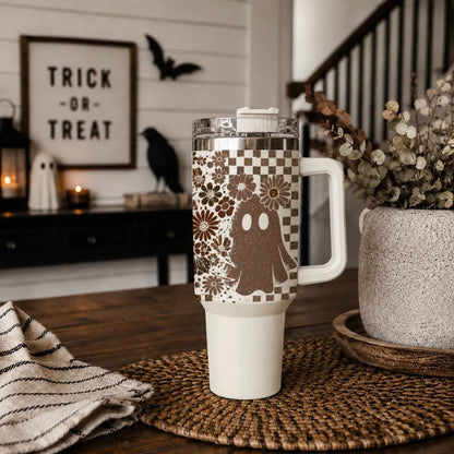 Retro Ghost and Skull 40oz Tumbler with Florals