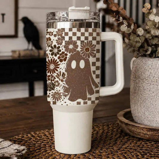 Gia Roma Retro Ghost Skull 40oz travel mug with brown floral checker motif and white handle on Tampa Home & Garden Store