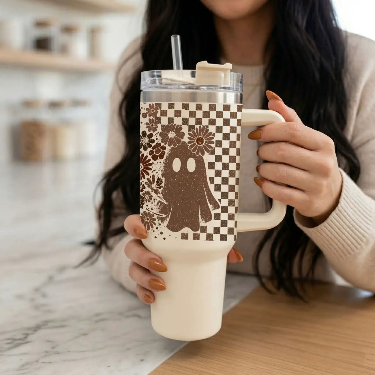 Retro Ghost and Skull 40oz Tumbler with Florals