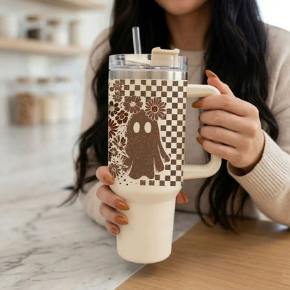 Retro Ghost and Skull 40oz Tumbler with Florals