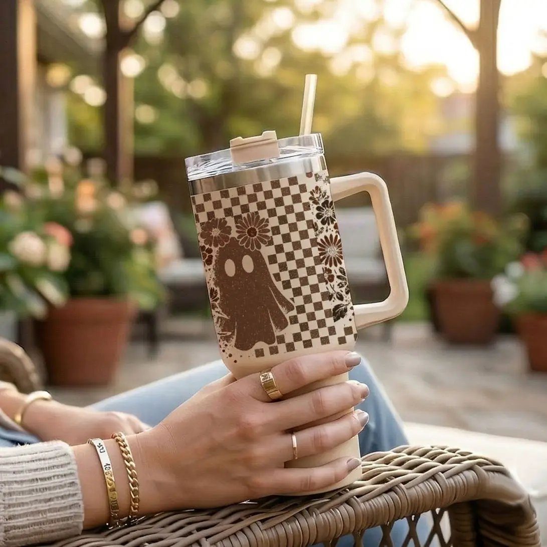 Retro Ghost and Skull 40oz Tumbler with Florals
