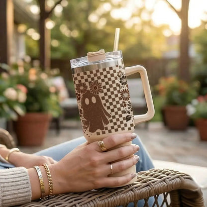 Retro Ghost and Skull 40oz Tumbler with Florals