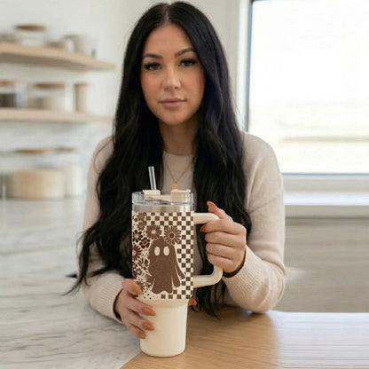 Retro Ghost and Skull 40oz Tumbler with Florals
