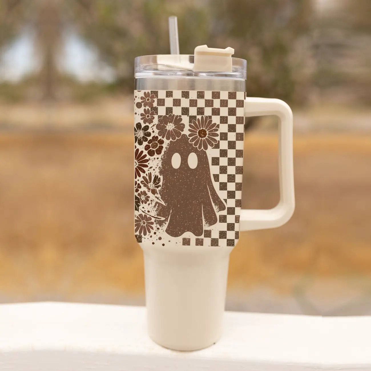 Retro Ghost and Skull 40oz Tumbler with Florals