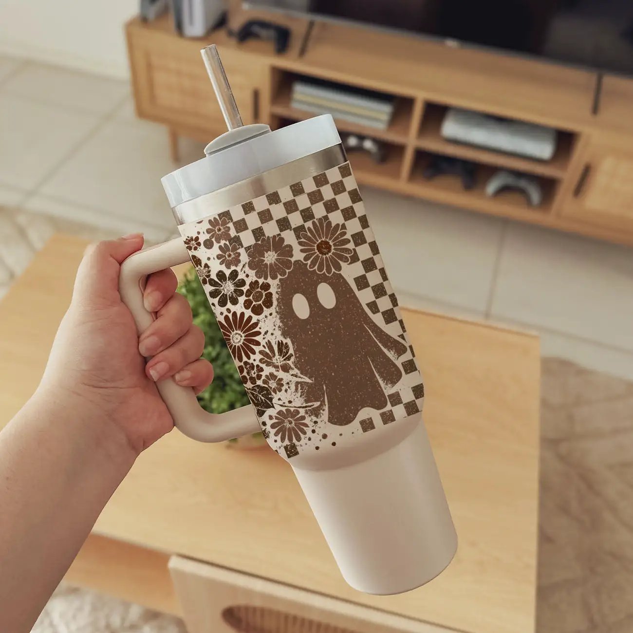 Retro Ghost and Skull 40oz Tumbler with Florals