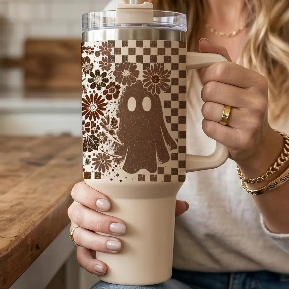 Retro Ghost and Skull 40oz Tumbler with Florals