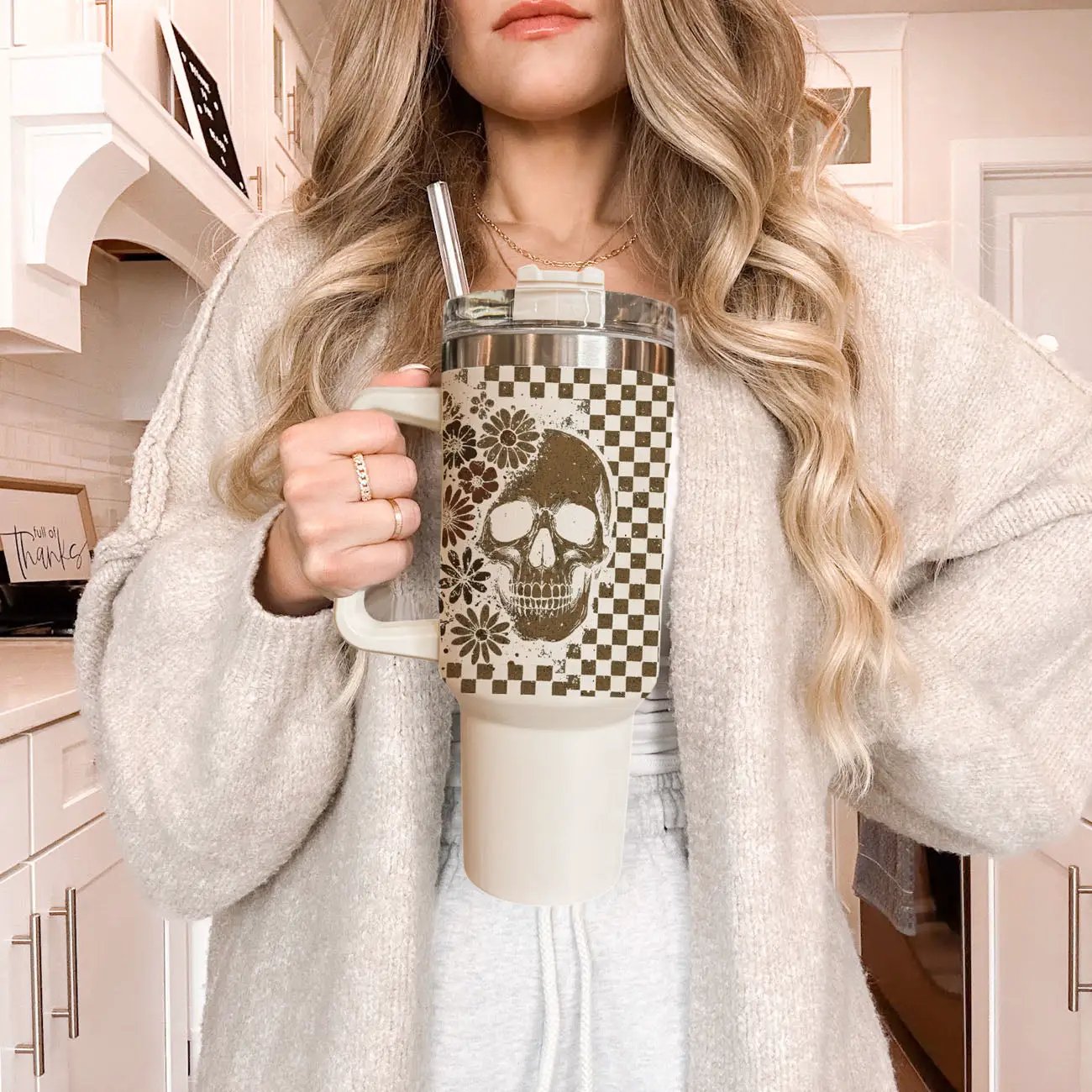 Retro Ghost and Skull 40oz Tumbler with Florals