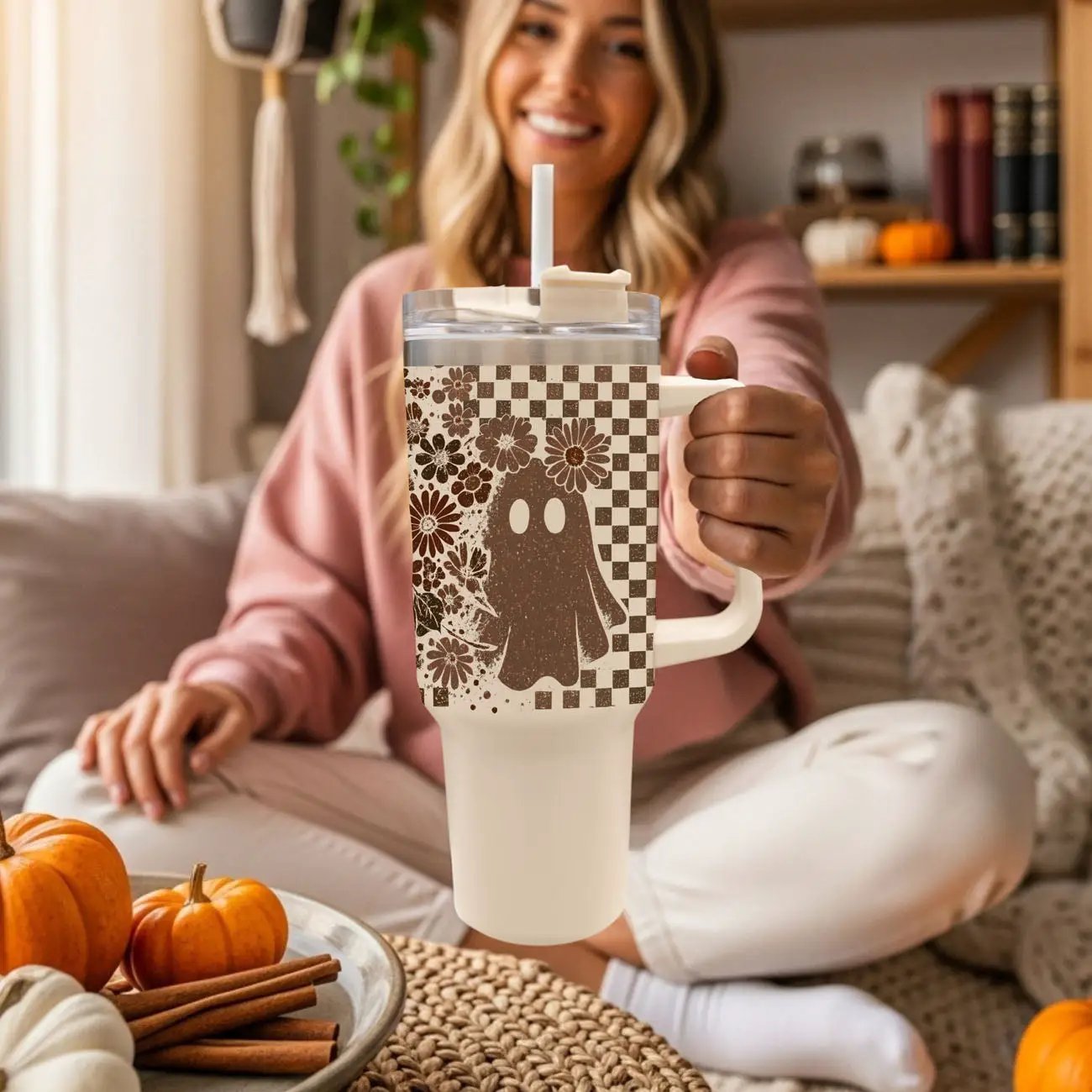 Retro Ghost and Skull 40oz Tumbler with Florals