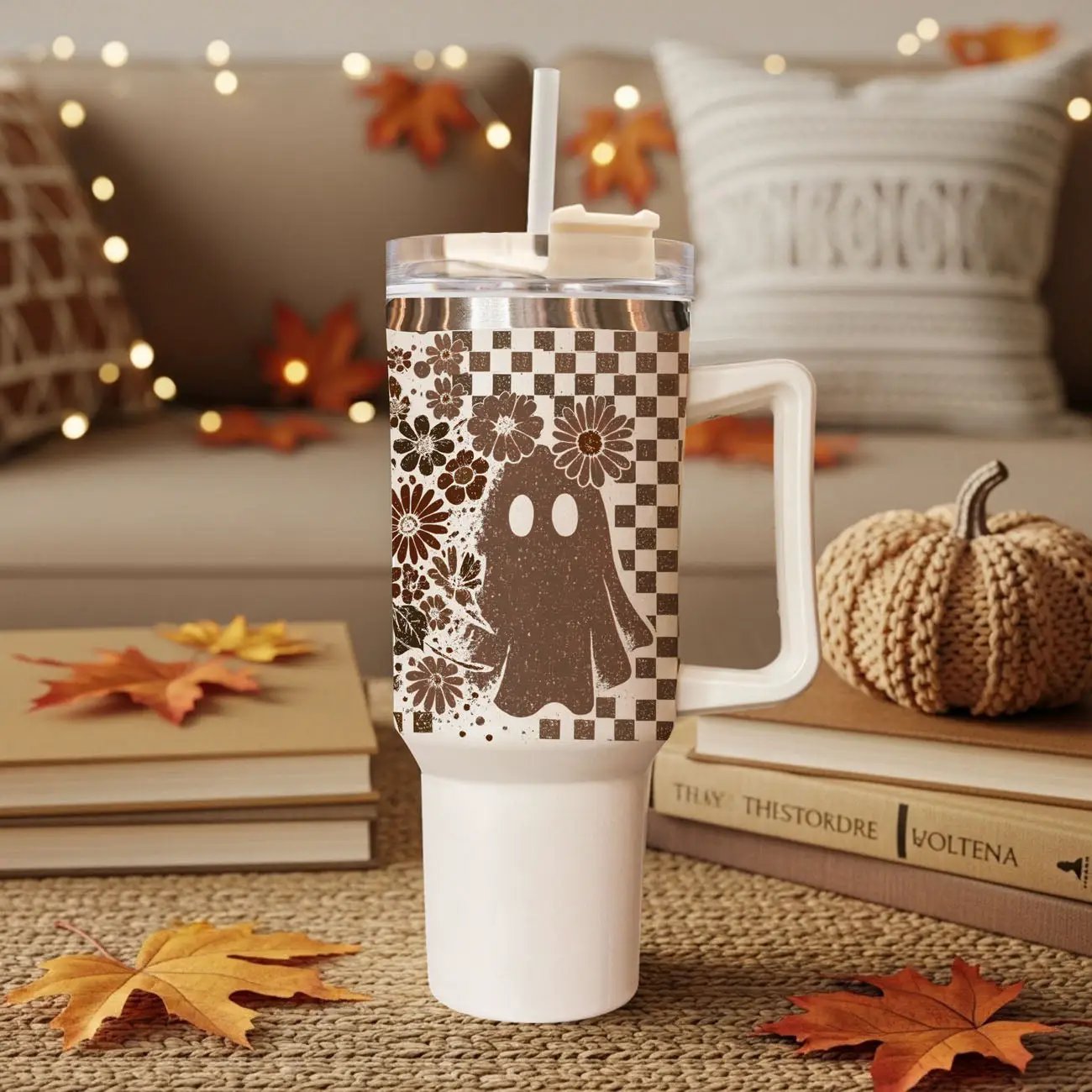 Retro Ghost and Skull 40oz Tumbler with Florals