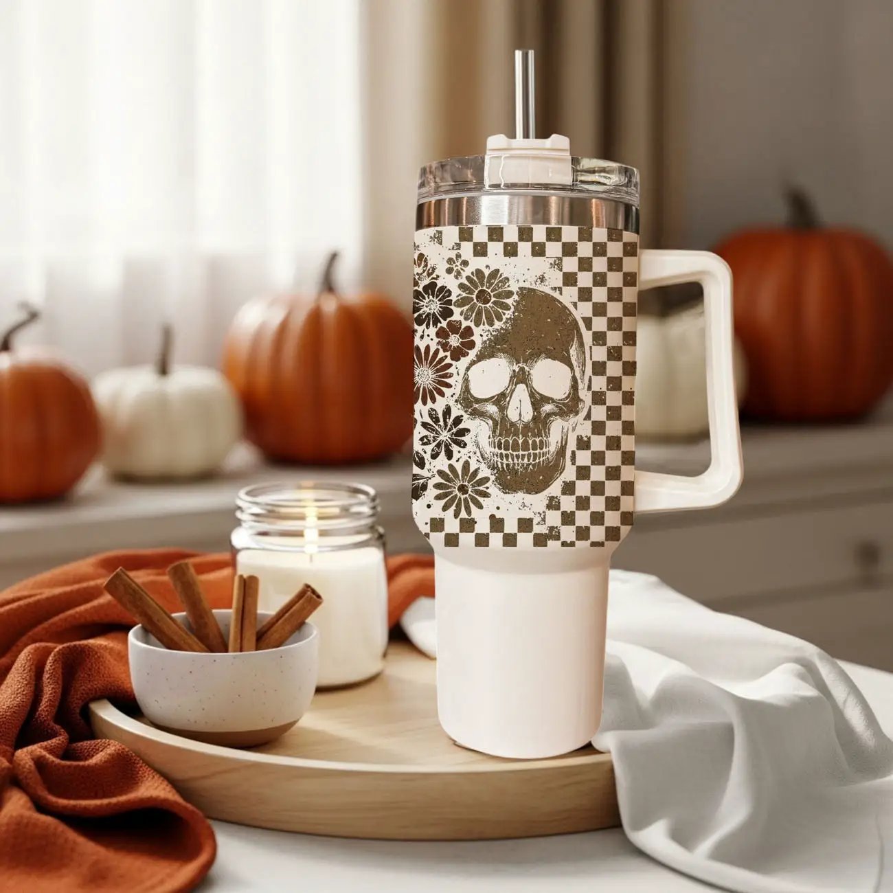 Retro Ghost and Skull 40oz Tumbler with Florals