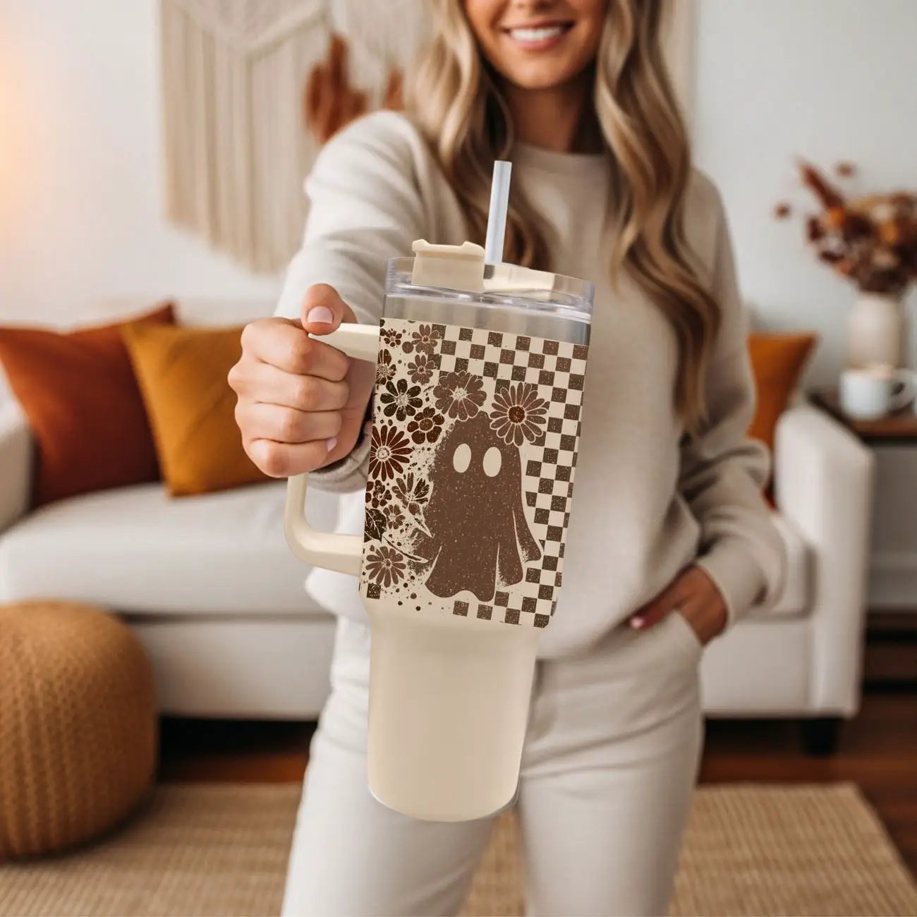 Retro Ghost and Skull 40oz Tumbler with Florals
