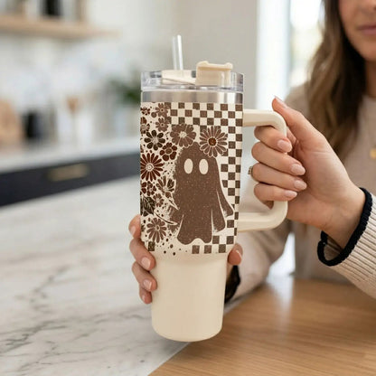 Retro Ghost and Skull 40oz Tumbler with Florals
