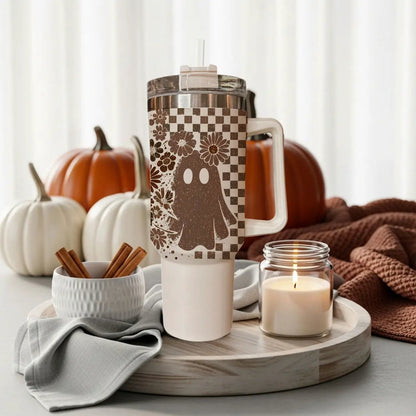 Retro Ghost and Skull 40oz Tumbler with Florals