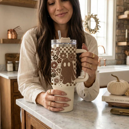 Retro Ghost and Skull 40oz Tumbler with Florals