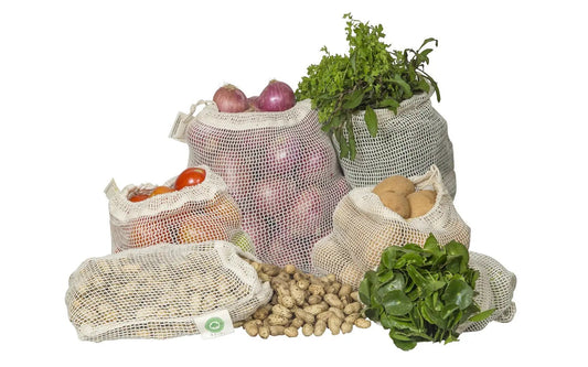 Mesh Produce Bags set of five in natural cotton mesh with onions and herbs Organic Cotton Mart on Tampa Home & Garden Store