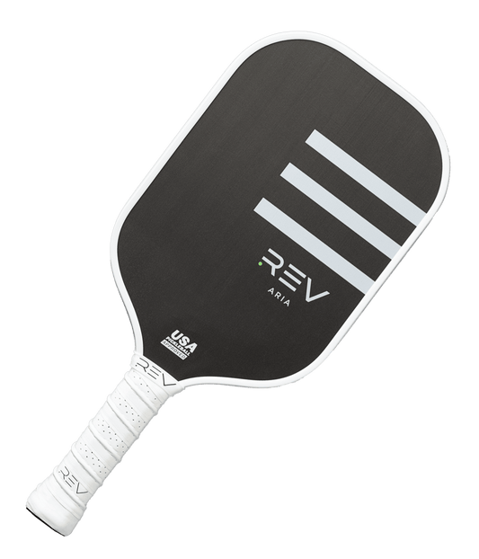 Aria pickleball paddle by REV with black face and white grip on Tampa Home & Garden Store