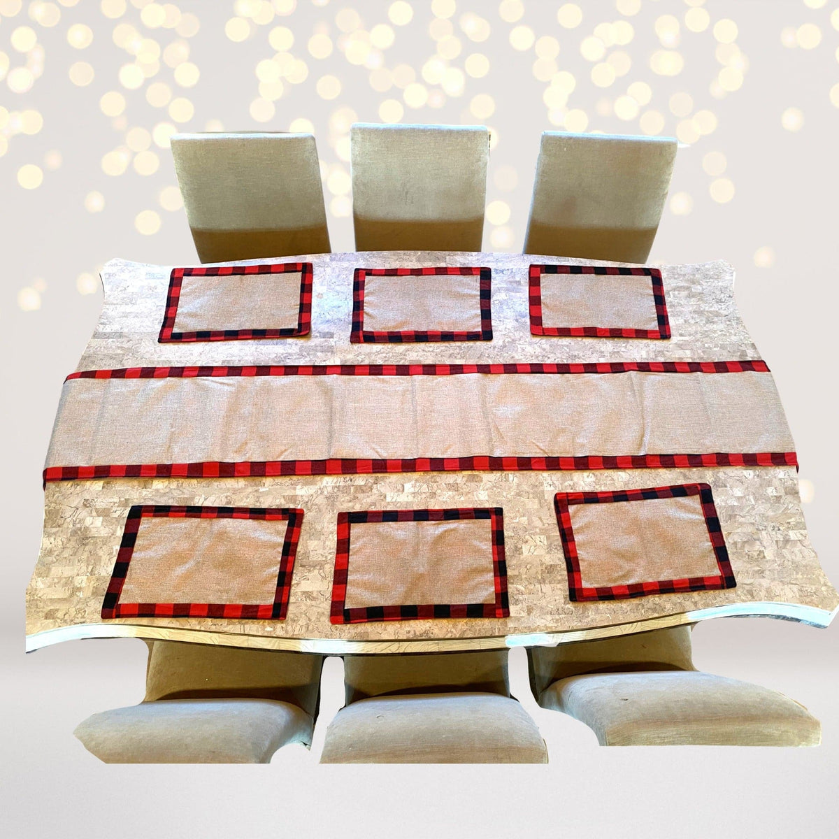 Table runner with red and black buffalo plaid placemats on burlap by Chicky Chicky Bling Bling on Tampa Home & Garden Store