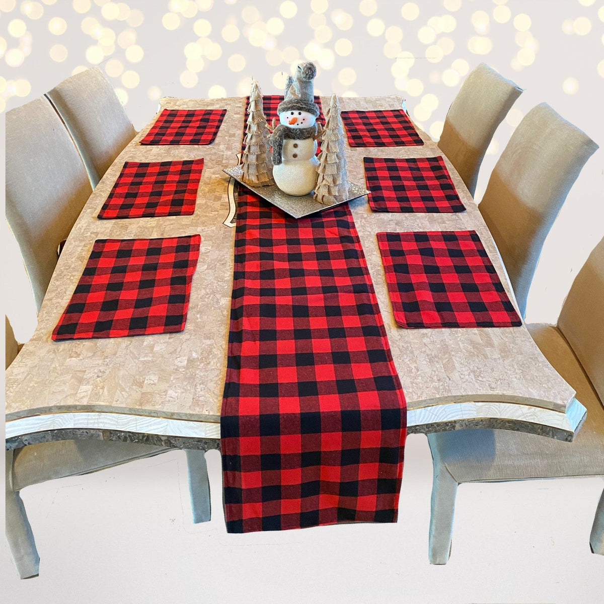Table runner and placemats set in red and black buffalo plaid with burlap reversible decor on dining table (6-piece) on Tampa Home & Garden Store