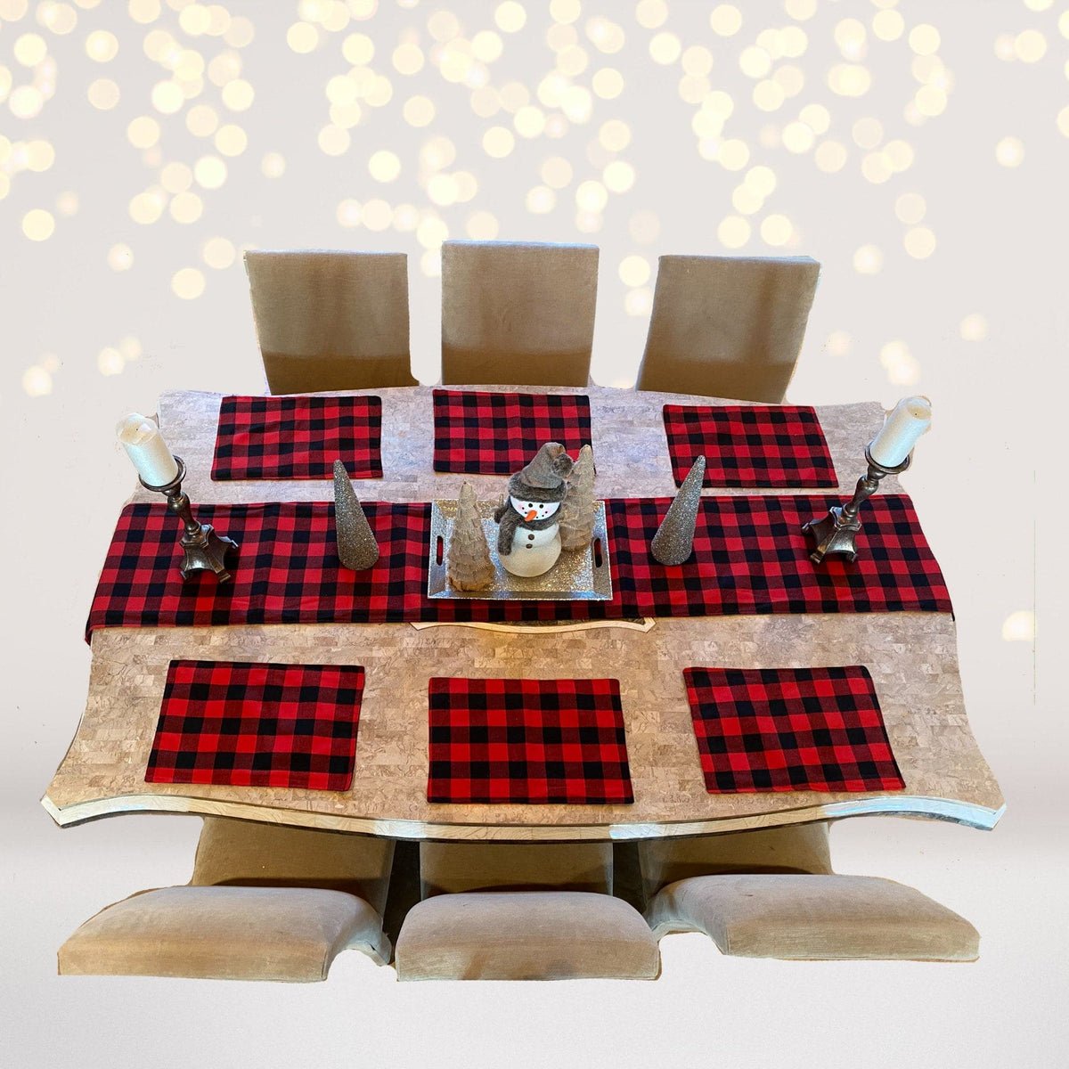 Table runner with six red and black buffalo plaid placemats on burlap by Chicky Chicky Bling Bling on Tampa Home & Garden Store