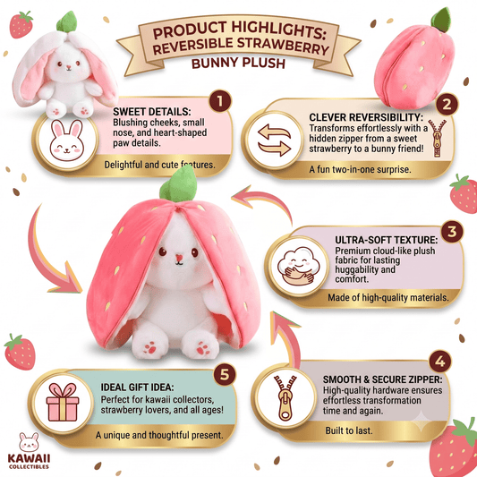 Reversible Bunny and Strawberry Plush Toy for Kids