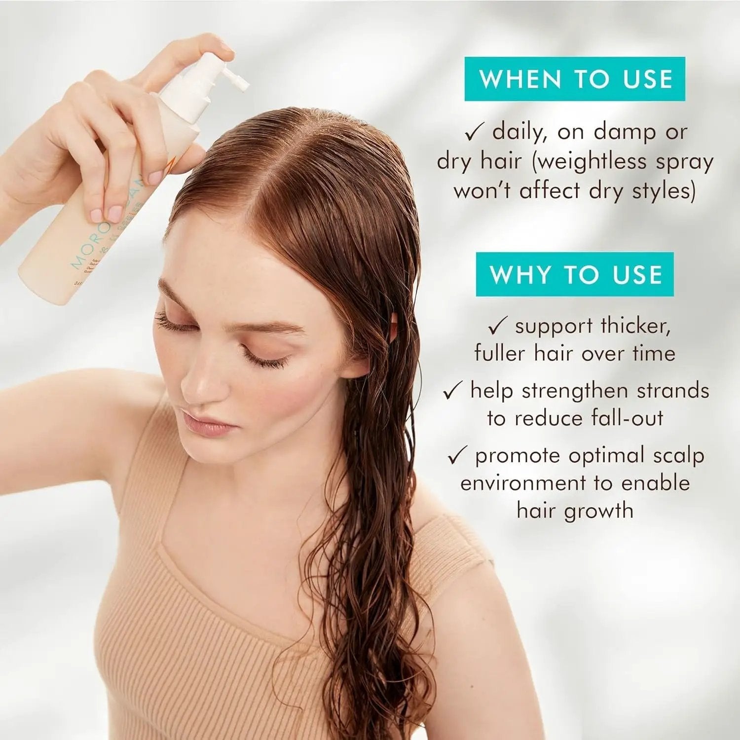 Moroccanoil Revitalizing Scalp Tonic 3.4 oz beige spray bottle applied to damp hair by model on Tampa Home & Garden Store