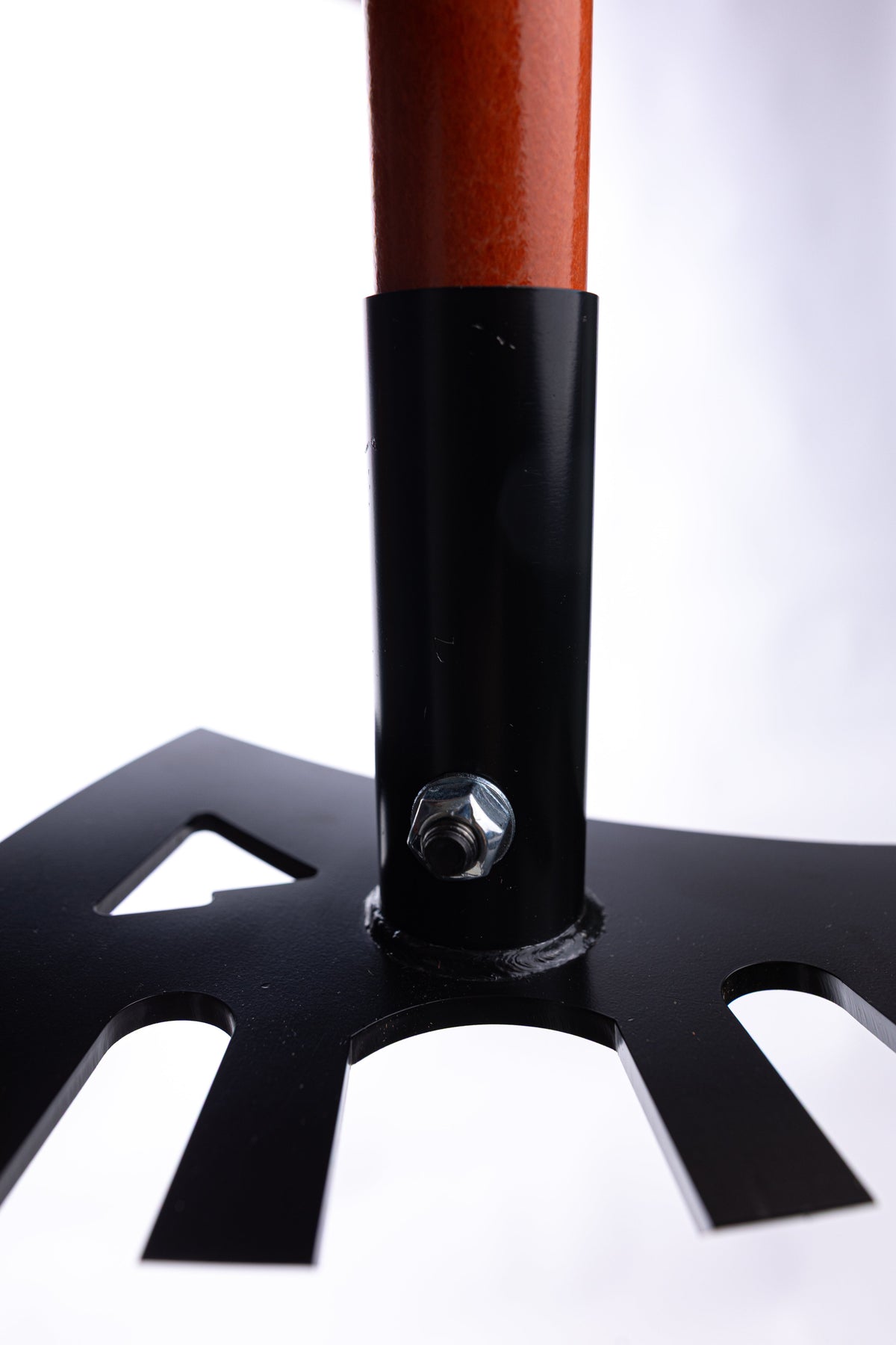 Rex tool post by Backslope Tools, orange shaft with black mounting collar bolted to a perforated base plate on Tampa Home & Garden Store