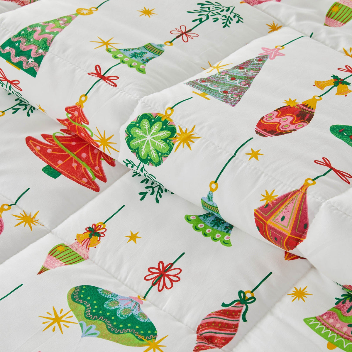 Reversible Christmas comforter and sham set Odette Collection in white with trees and ribbons on Tampa Home & Garden Store