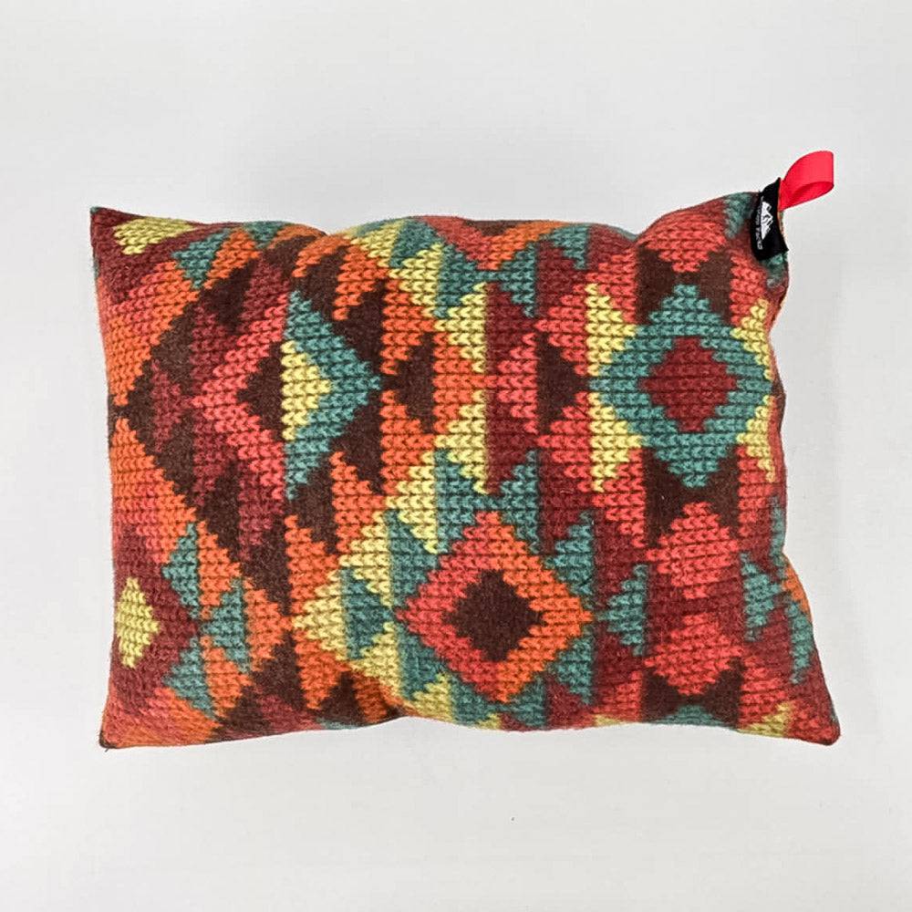 RFP Pillow by Hilltop Packs multicolor kilim pattern rectangular pillow with red pull tab on Tampa Home & Garden Store