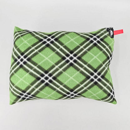 RFP Pillow by Hilltop Packs, ultralight camping pillow in green plaid fleece with red loop tag on Tampa Home & Garden Store