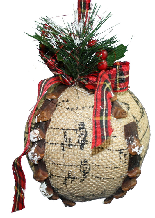 Burlap Ball Holiday Ornament - Red Black and Gold Ribbon - Tampa Home & Garden Store