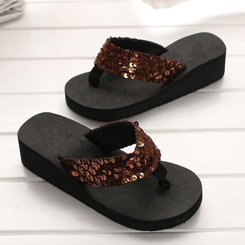 Stevvex rhinestone sequin flip flops with black platform sole glitter beach slides on Tampa Home & Garden Store