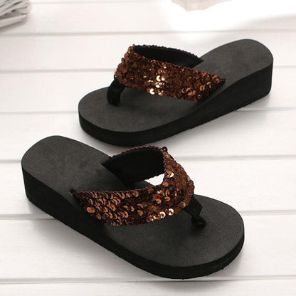 Stevvex rhinestone sequin flip flops with black platform sole glitter beach slides on Tampa Home & Garden Store
