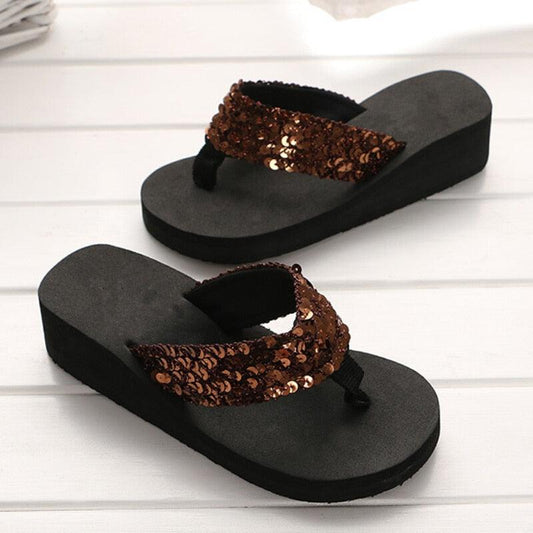 Stevvex rhinestone sequin flip flops with black platform sole glitter beach slides on Tampa Home & Garden Store