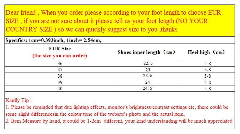 Slippers size chart with EUR 36–40, inner length and heel height, yellow banner on Tampa Home & Garden Store