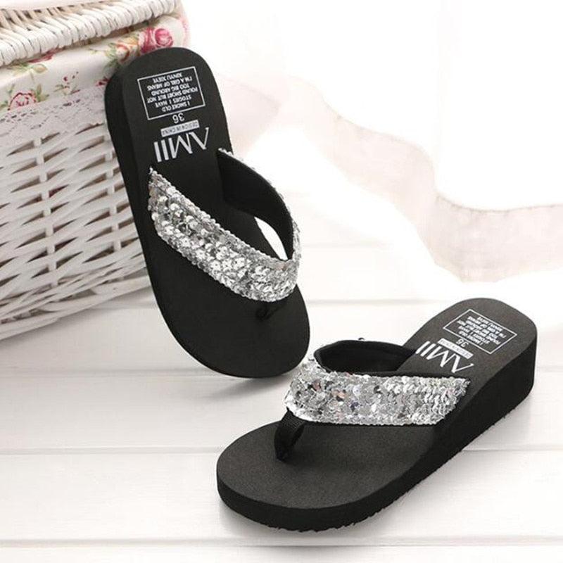 Rhinestone women's flip flops, black sole with crystal strap, glitter beach sandals on Tampa Home & Garden Store