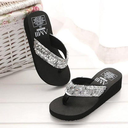 Rhinestone women's flip flops, black sole with crystal strap, glitter beach sandals on Tampa Home & Garden Store