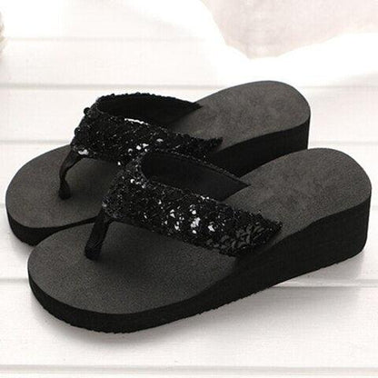 Stevvex rhinestone platform flip flops with black glitter strap and wedge sole on Tampa Home & Garden Store