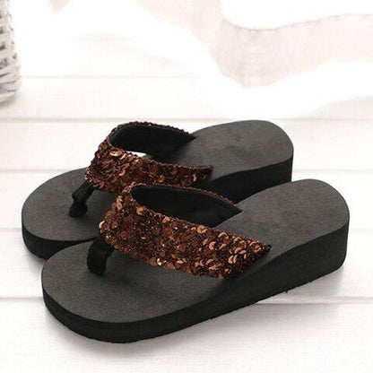 Stevvex rhinestone platform slide sandals with brown sequin strap and black footbed on Tampa Home & Garden Store