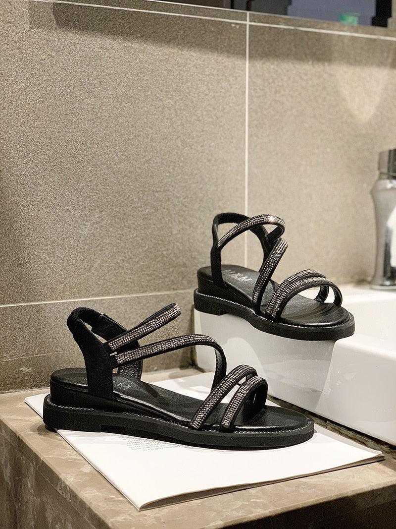Stevvex black rhinestone strap sandals, women's flat crystal sandals, 2 pairs on display on Tampa Home & Garden Store