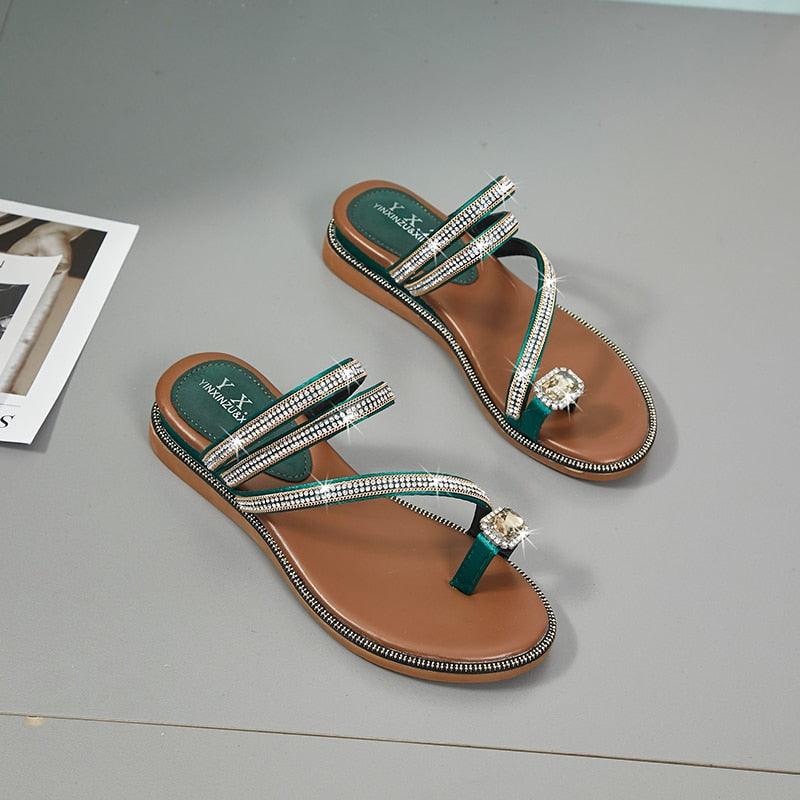 Stevvex rhinestone sandals with teal straps and crystal-embellished cross bands, brown footbed on Tampa Home & Garden Store