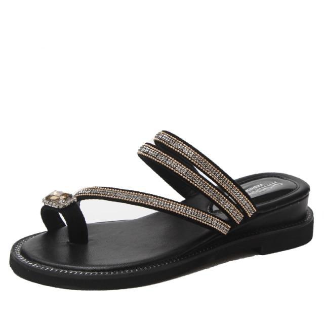 Rhinestone triple-strap leather sandals for women Stevvex black with crystal embellishments on Tampa Home & Garden Store